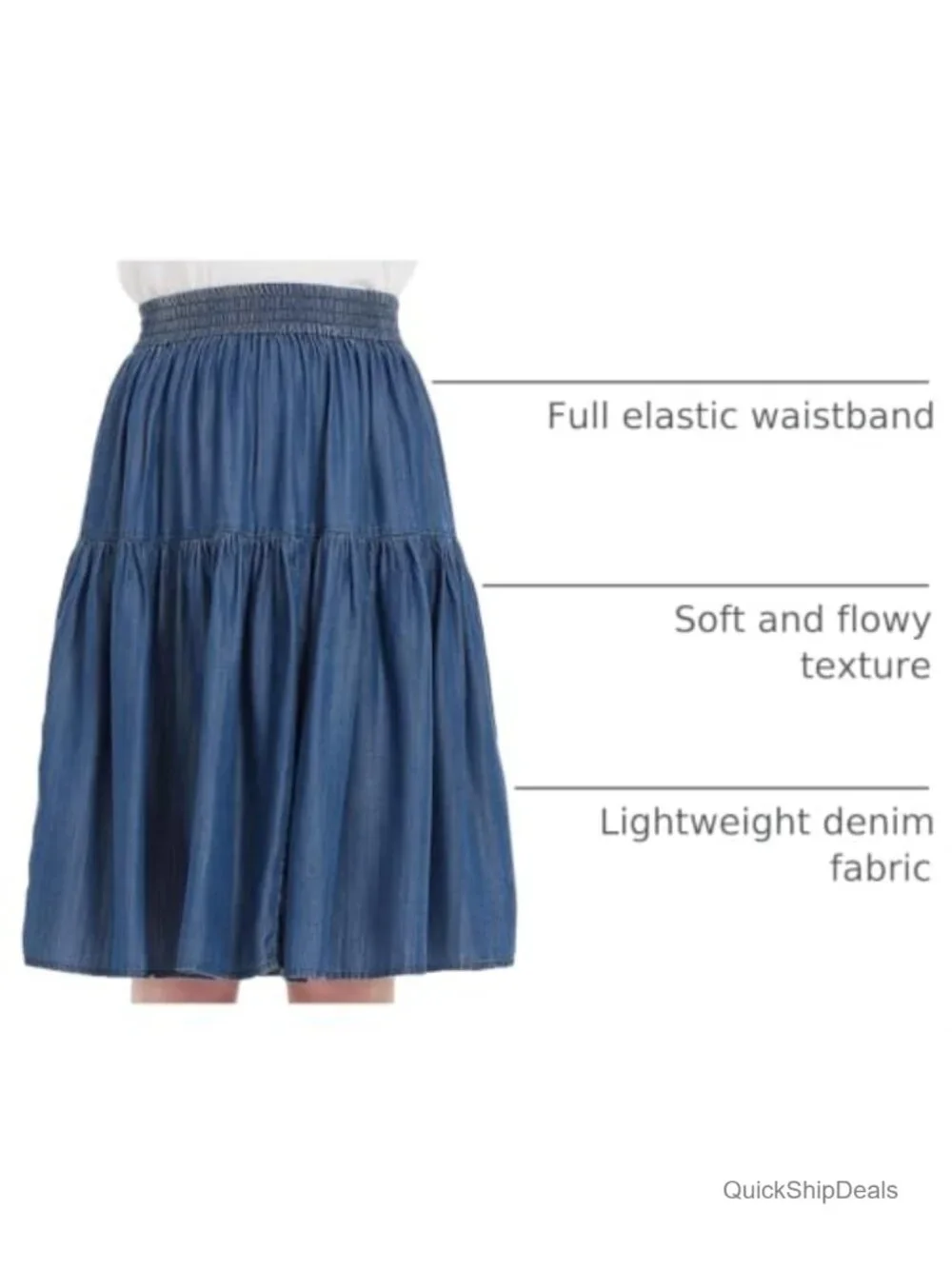 Tencel Denim Tiered A-Line Skirt Women Knee Length Elastic Waist